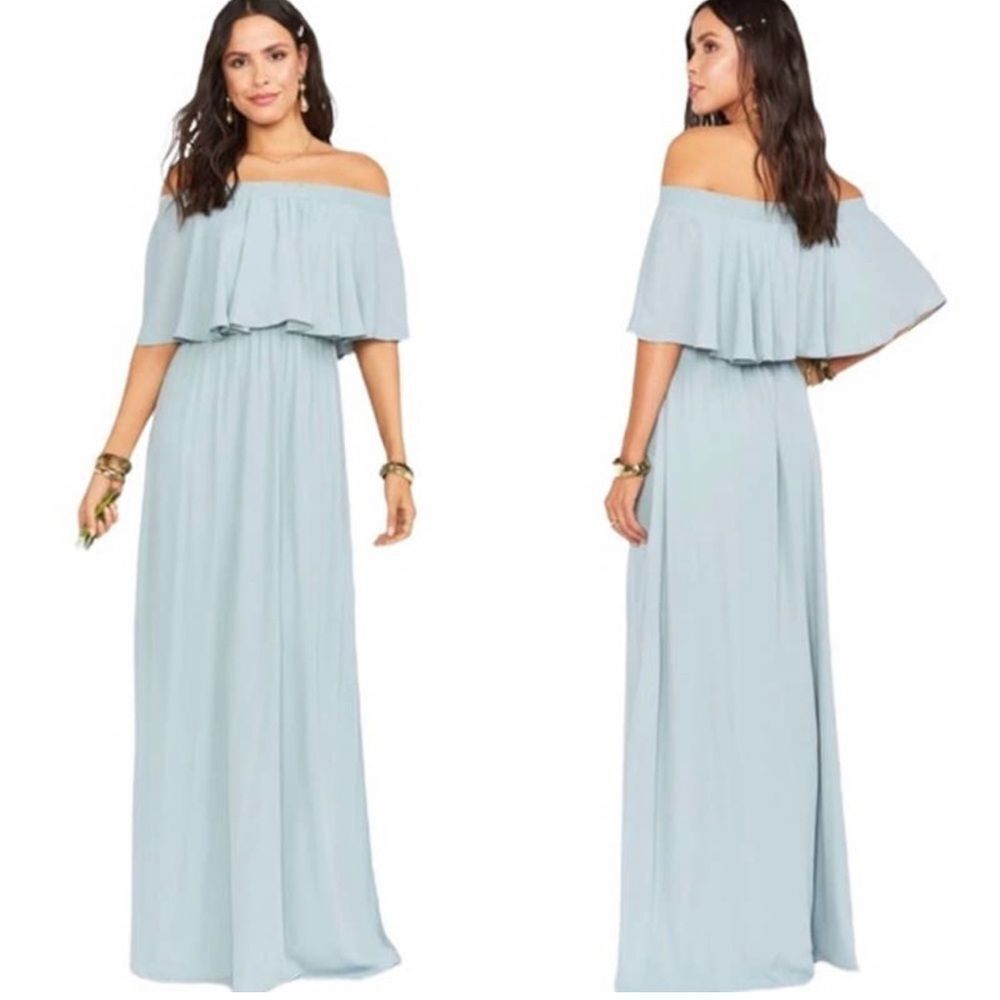 Show Me Your Mumu Hacienda Off The Shoulder Maxi Dress Silver Sage Crisp XXS NWT